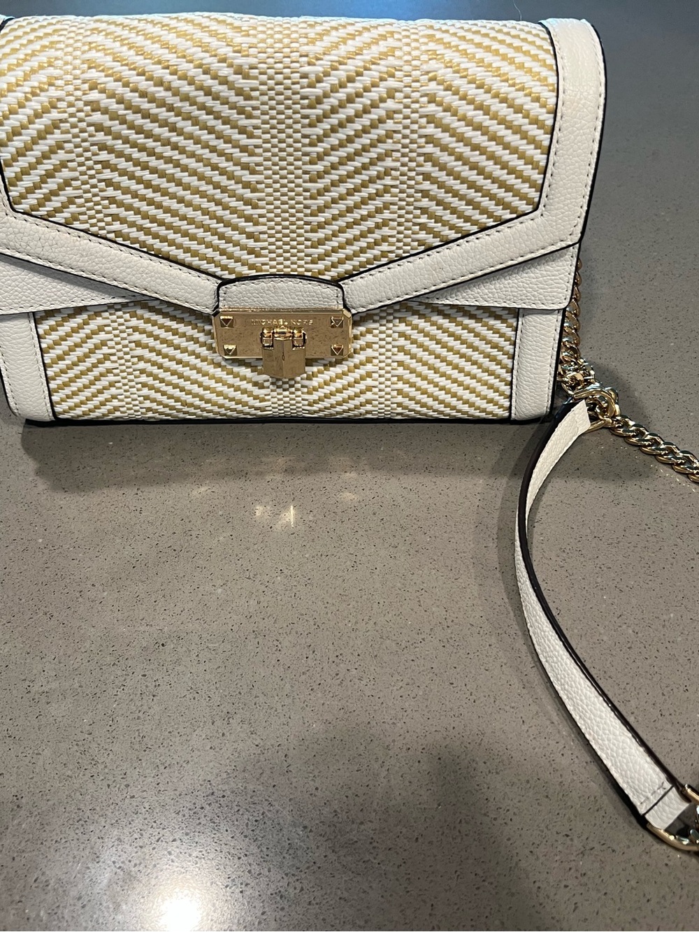 Michael Kors White and Beige Woven Leather-Trim Crossbody